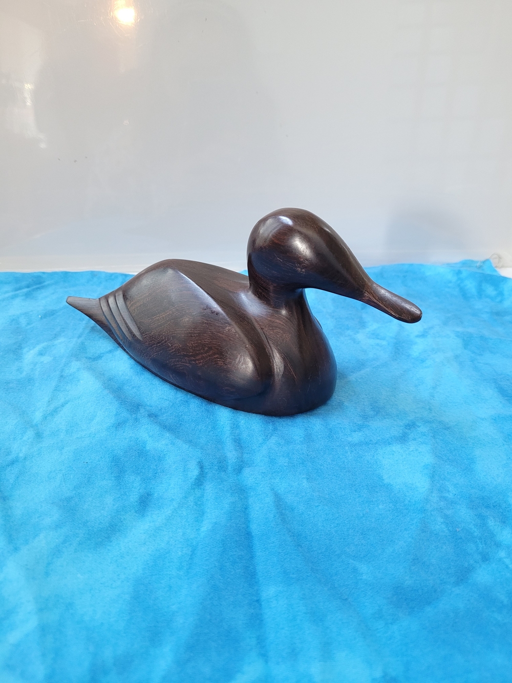 Hand-Carved Dark Wood Duck Sculpture - Home Art Decor